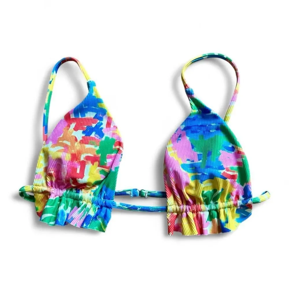 Aurelle Henri Triangle Bikini Set Multicolor Sz M Ribbed Ruffle Tie Side Cheeky